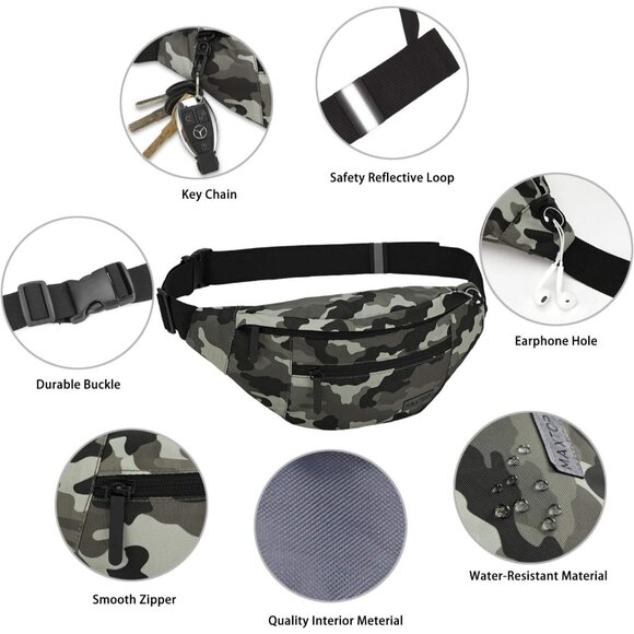 Women Men Camo Green Large Crossbody Fanny Pack Belt Bag Hands-Free Waist Pack - Picture 4 of 6